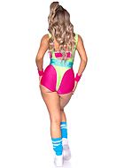 Women's 80s aerobics suit, costume top and romper, belt, suspenders, cheerful colors